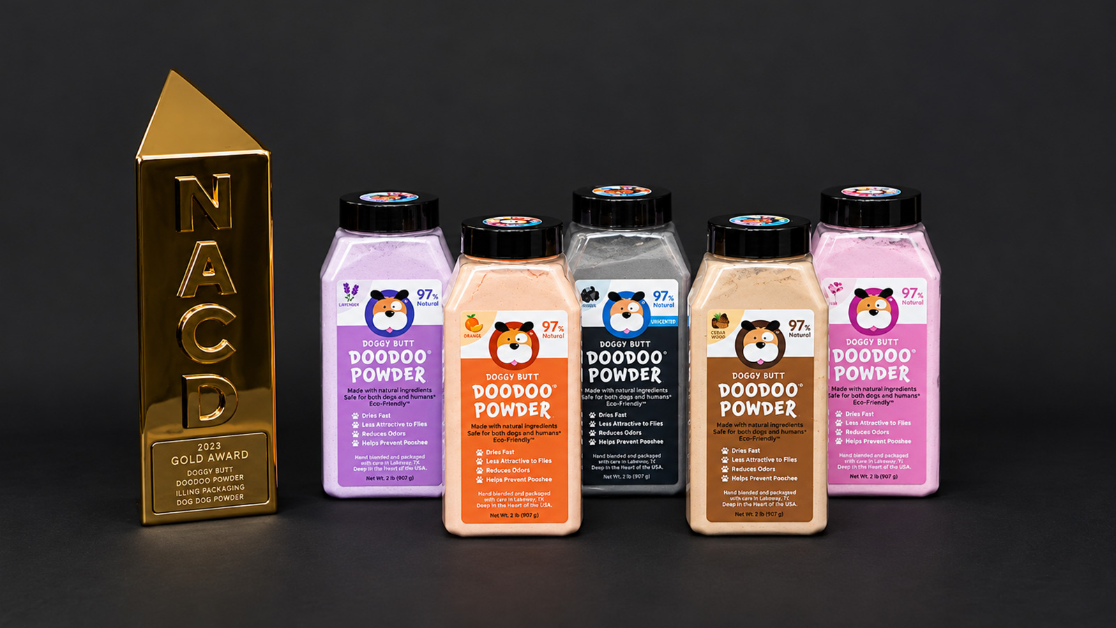 Doggy Butt Doodoo Powder container-and-lid packaging system — NACD 2026 Gold award-winning package