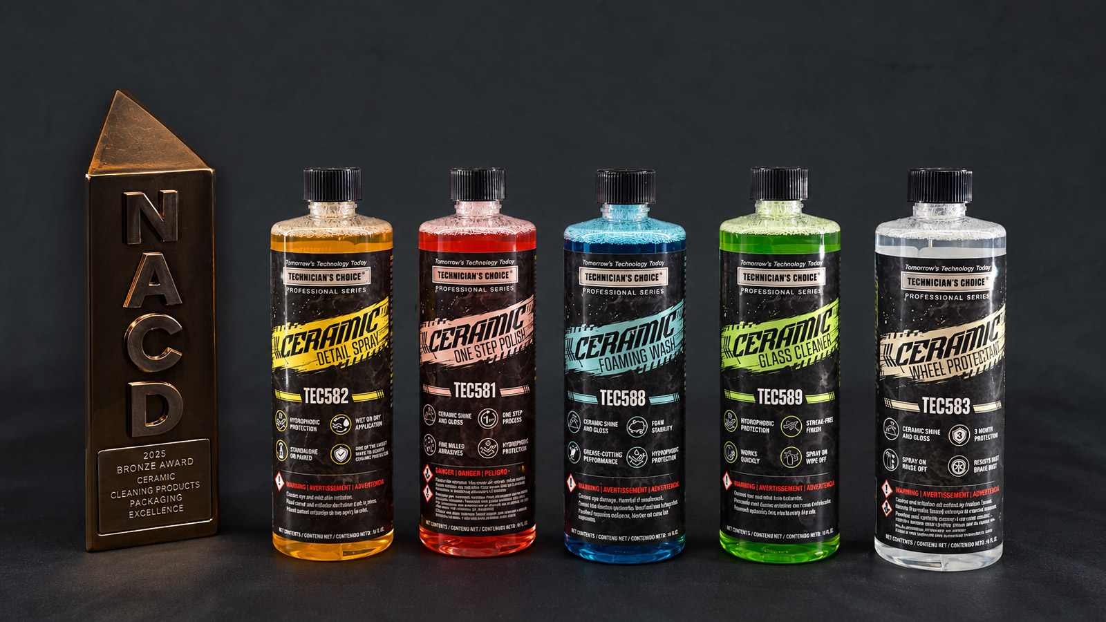 ECP Technician’s Choice ceramic coating lineup in a unified professional-grade packaging system — NACD 2026 Bronze award-winning package
