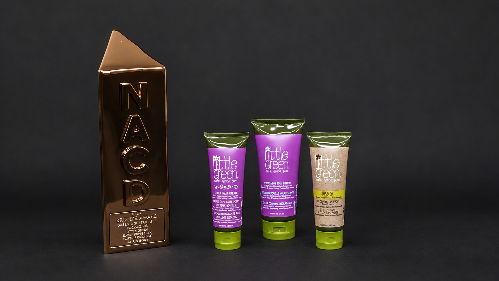 Little Green Curly Hair Cream and Lice Repel Styling Gel packaging — NACD 2025 Bronze award-winning package