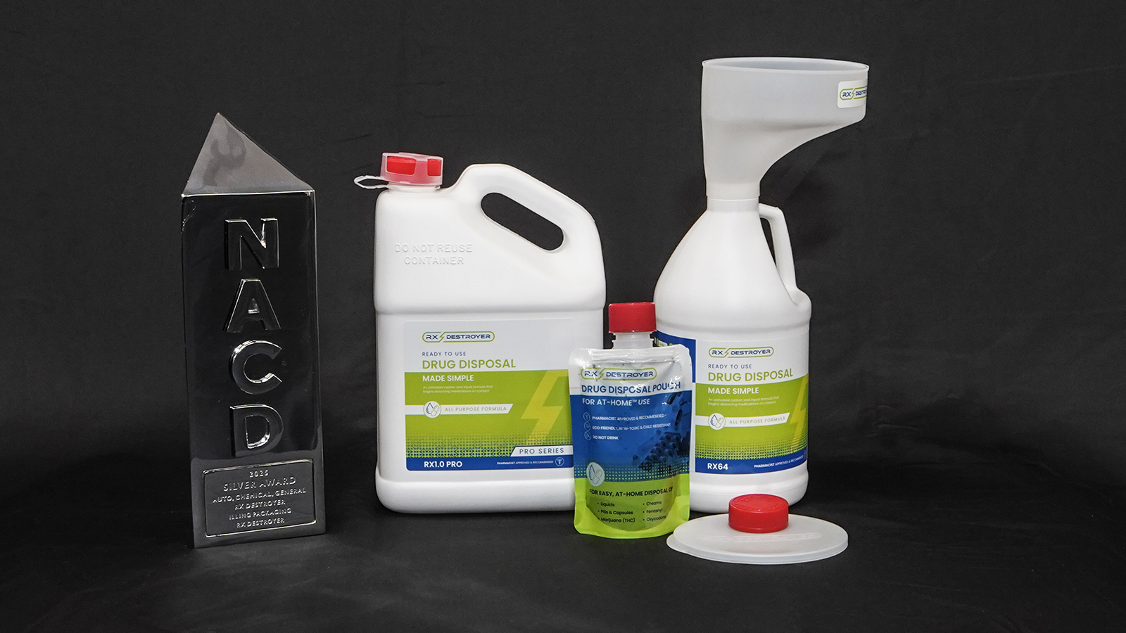 Rx Destroyer at-home pharmaceutical disposal pouch with ventilated closure — NACD 2025 Silver award-winning package