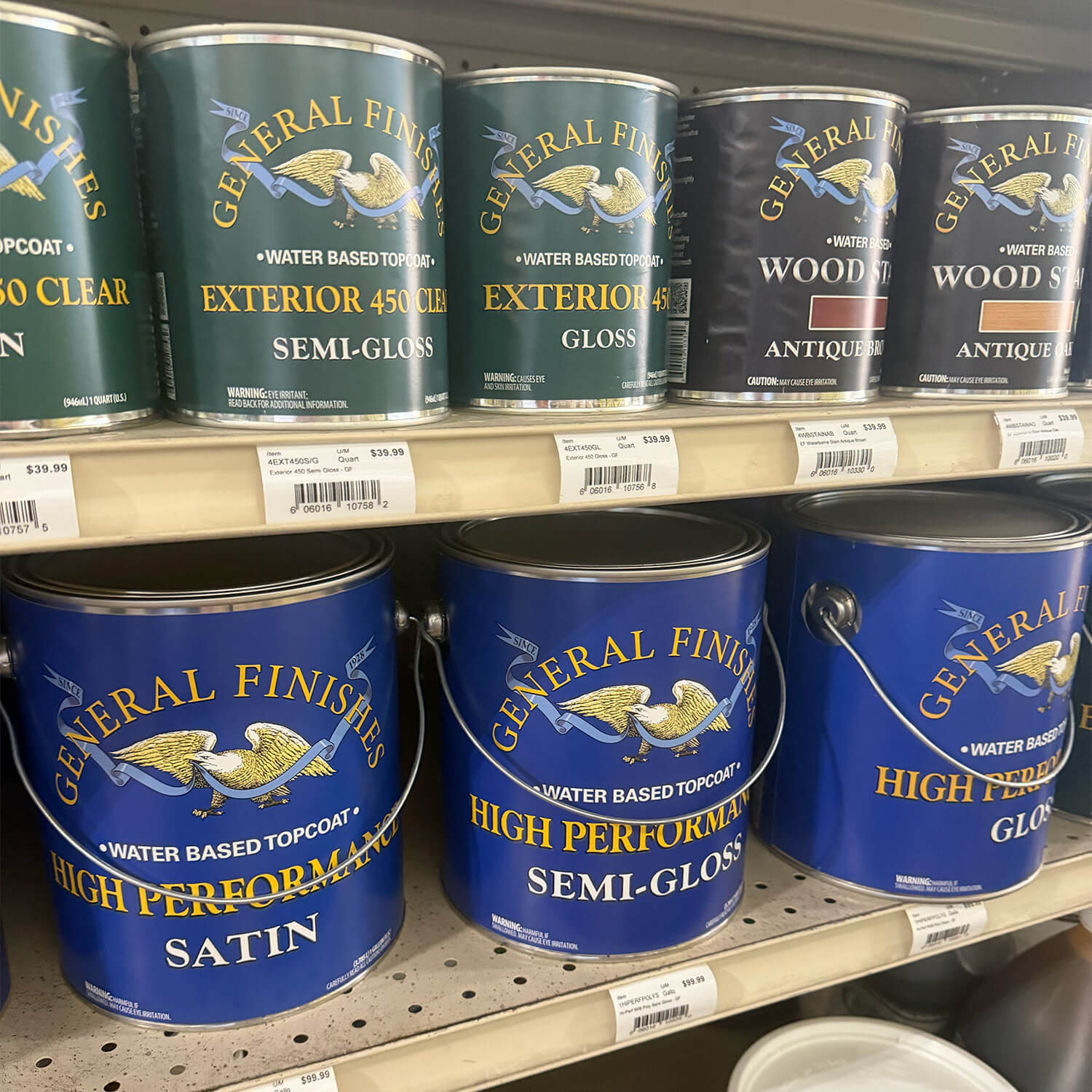 General Finishes High Performance and Exterior 450 topcoat cans with pressure-sensitive labels on a store shelf