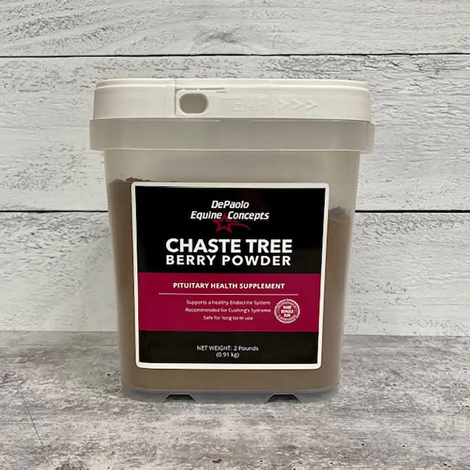 DePaolo Equine Concepts Chaste Tree Berry Powder in a clear square tub with a front label