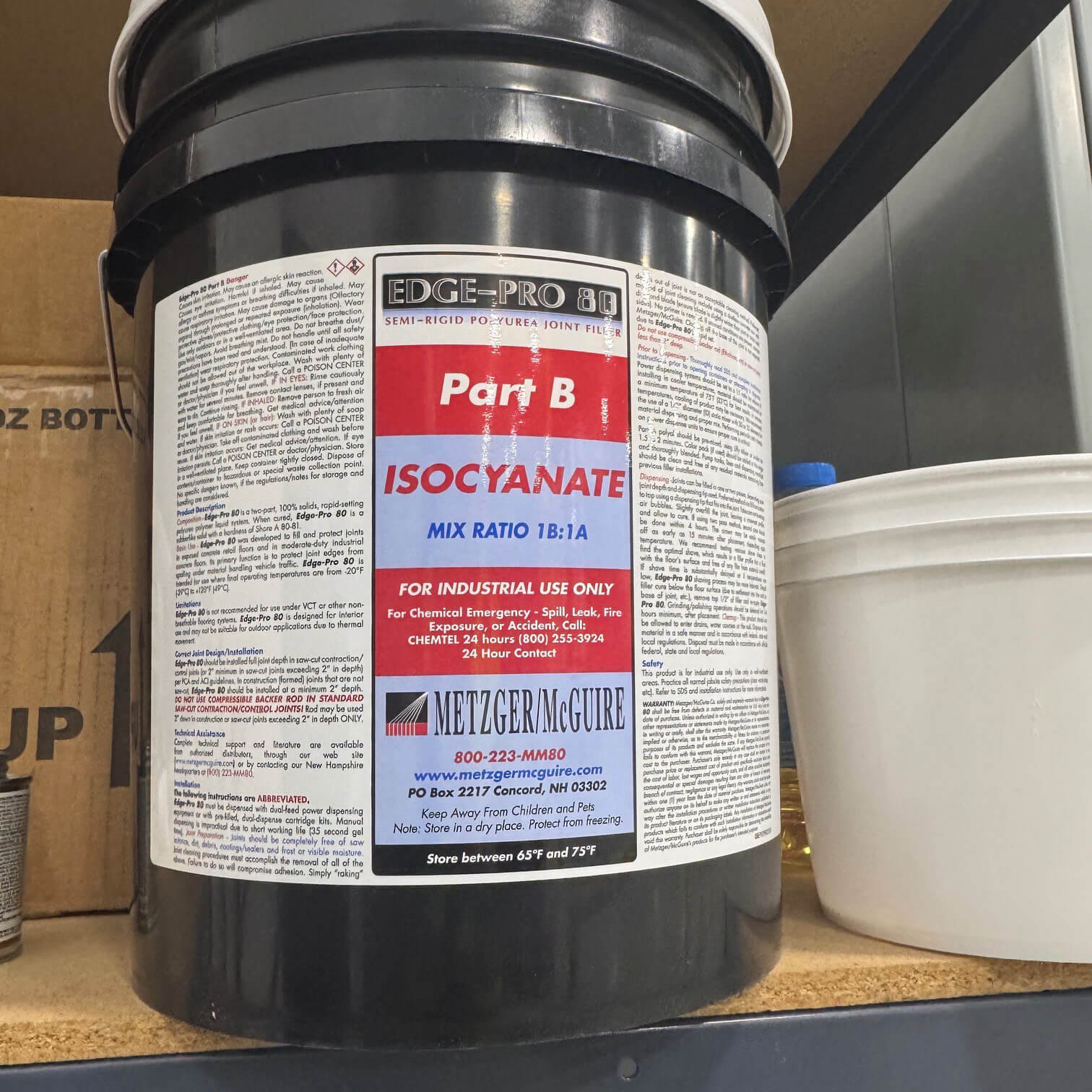 Metzger/McGuire Edge-Pro 80 Part B pail with a full-wrap label on a warehouse shelf