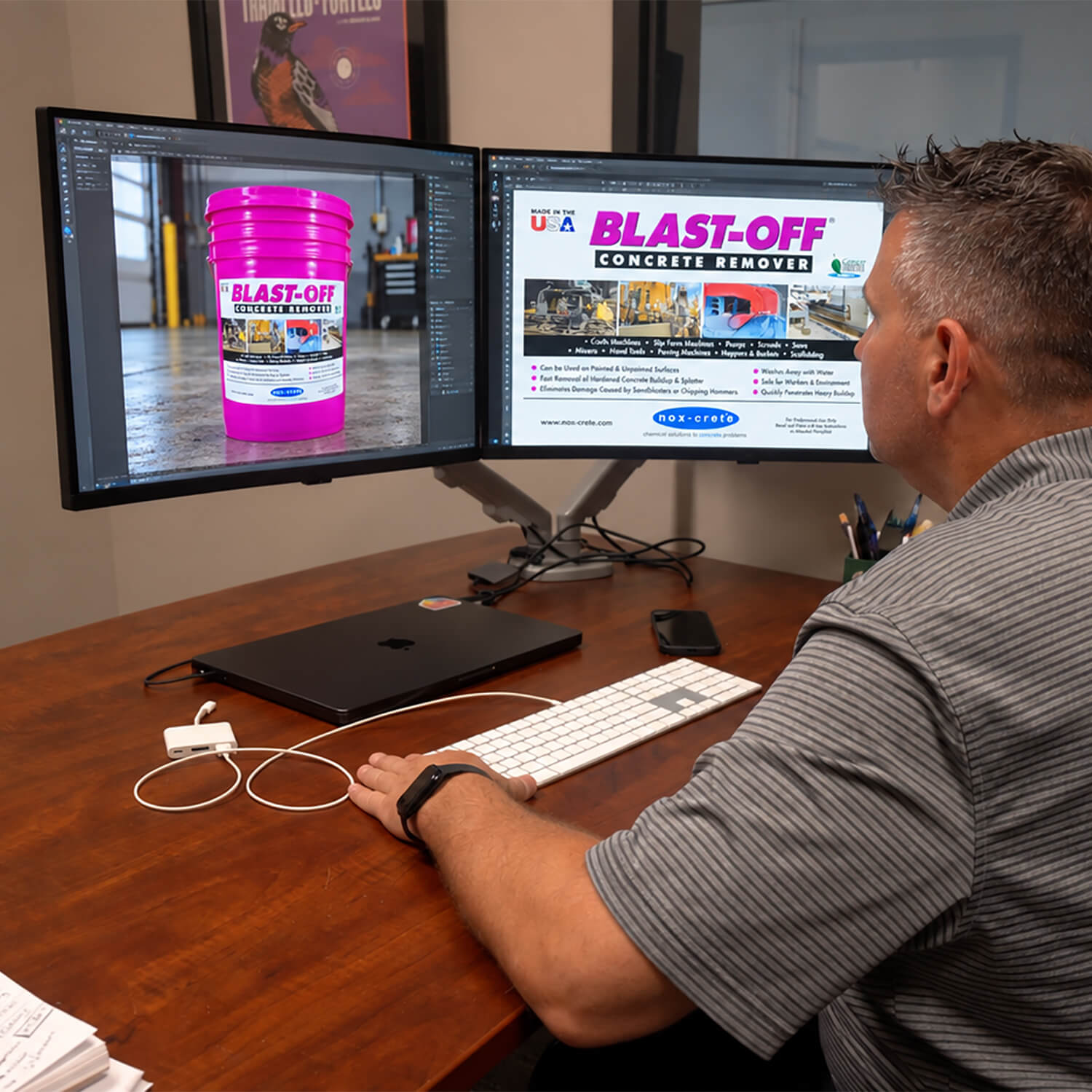 An ILLING designer reviewing a 3D virtual proof of a Blast-Off Concrete Remover pail next to its flat label artwork