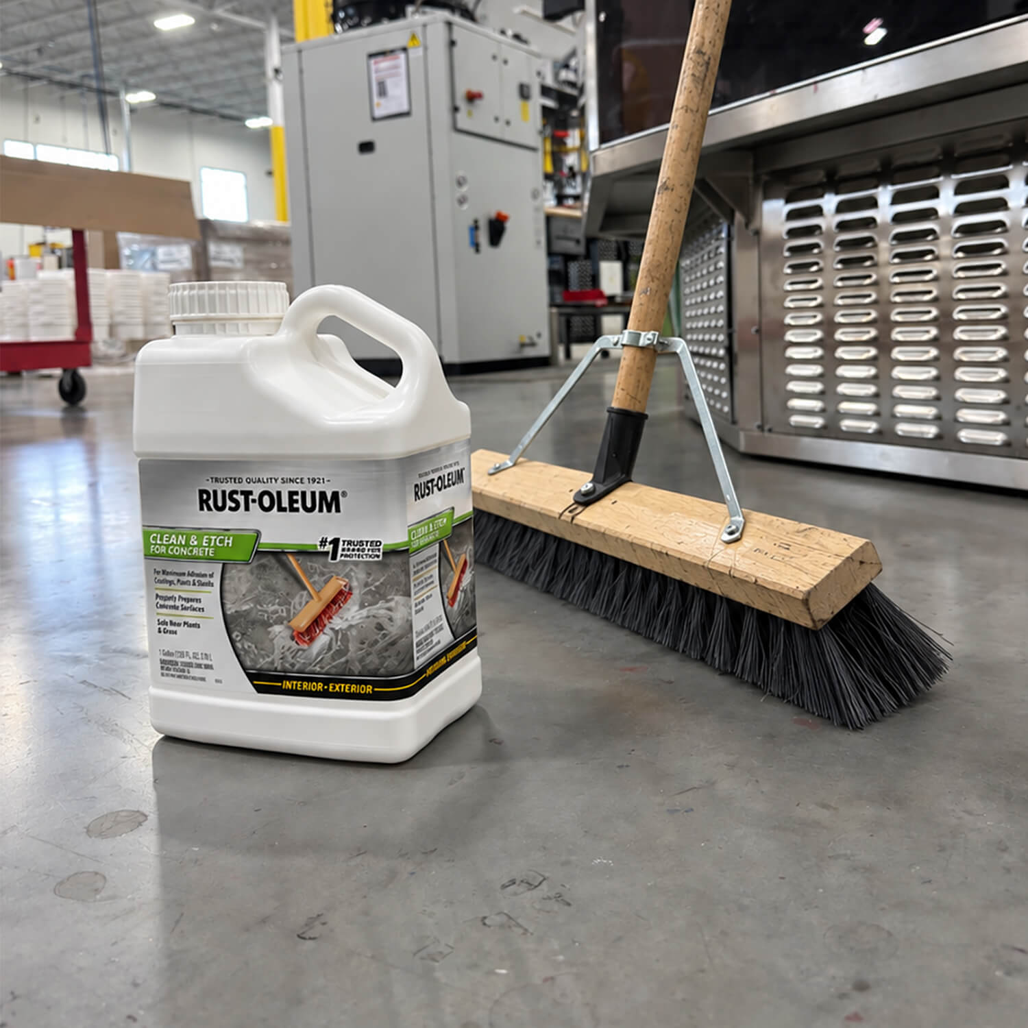 A Rust-Oleum Clean & Etch concrete cleaner jug with a pressure-sensitive label