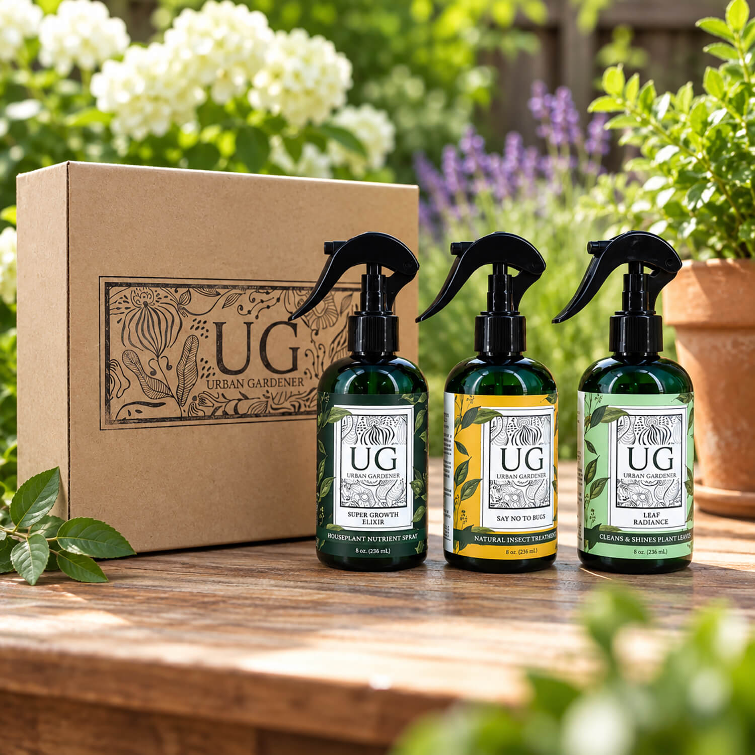 Three Urban Gardener plant spray bottles with pressure-sensitive labels beside a matching kraft gift box