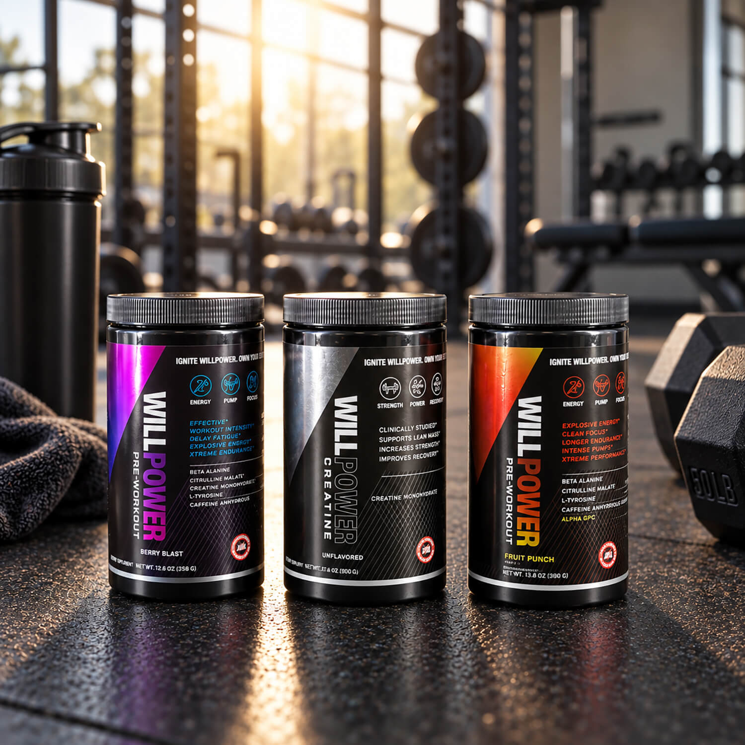 Three WILLPOWER pre-workout supplement containers with pressure-sensitive labels