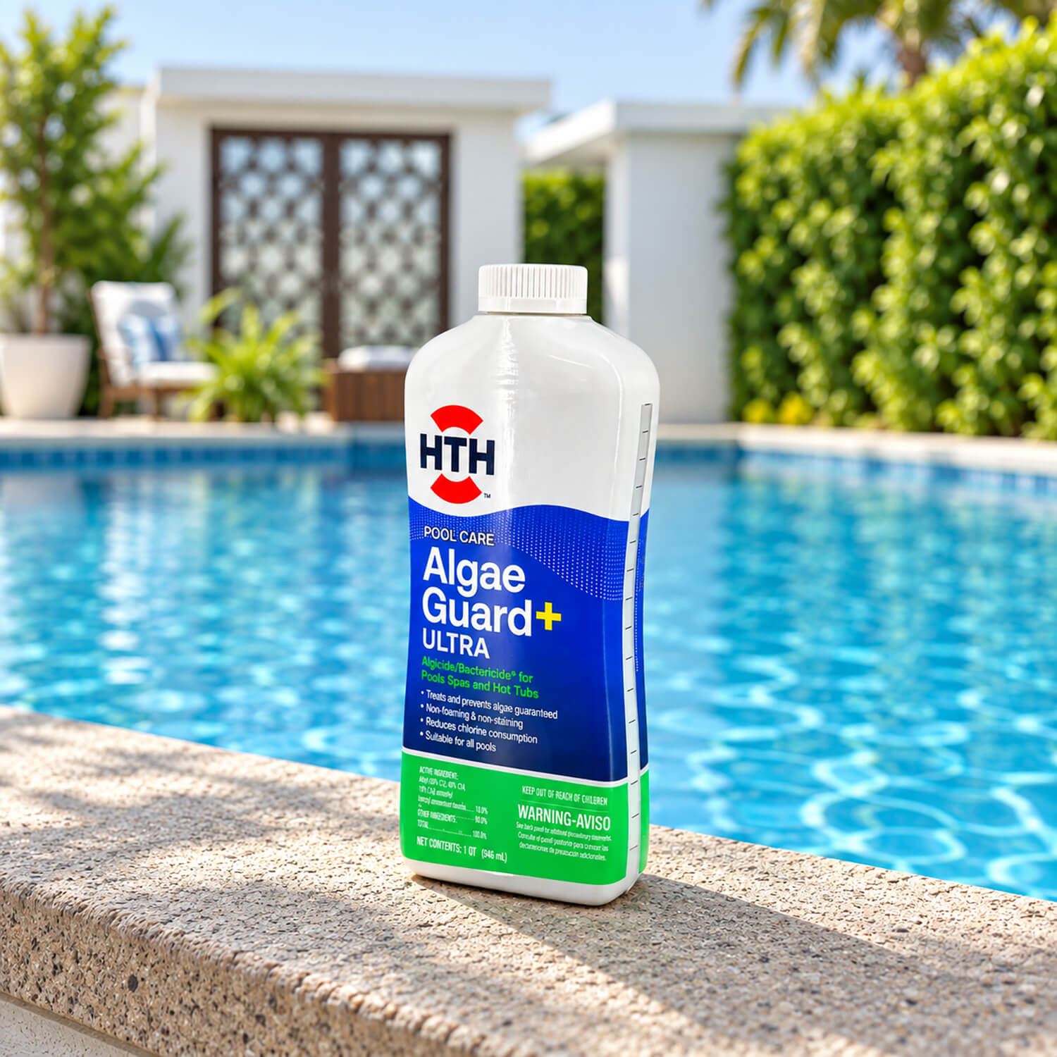 An HTH Pool Care Algae Guard+ Ultra bottle with a full-body shrink sleeve label, set beside a pool