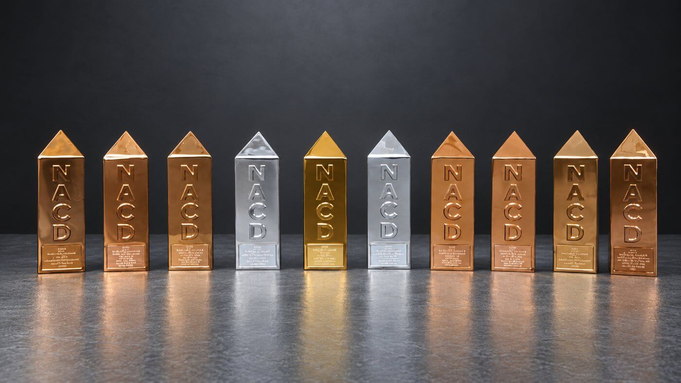 Row of NACD packaging design award trophies