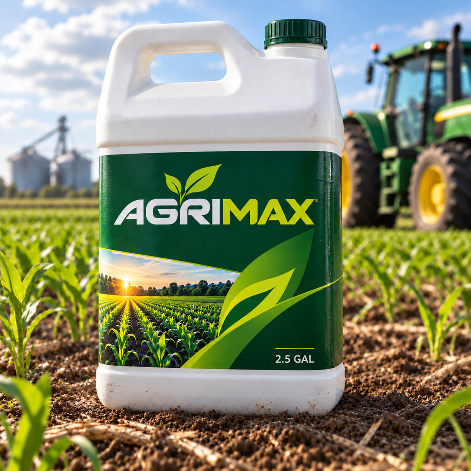A 2.5-gallon AgriMax jug with a full-color label standing in a young corn field, with a tractor and grain bins behind it