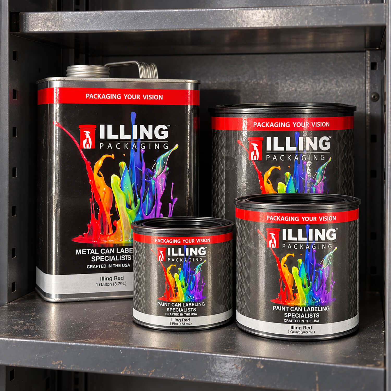 ILLING-branded metal paint cans in gallon, quart, and pint sizes with full-color labels on a steel shelf