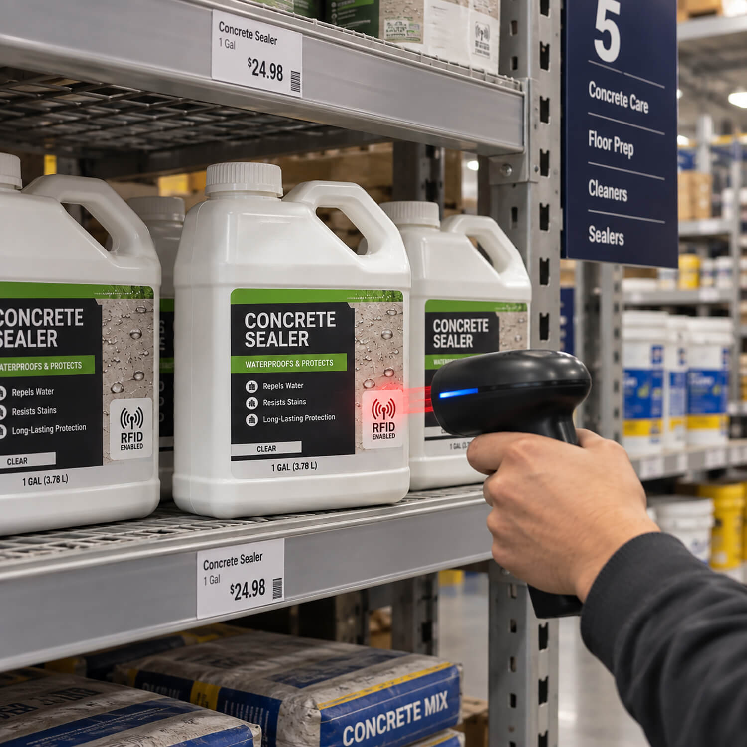 A handheld scanner reading RFID-enabled products on a retail store shelf