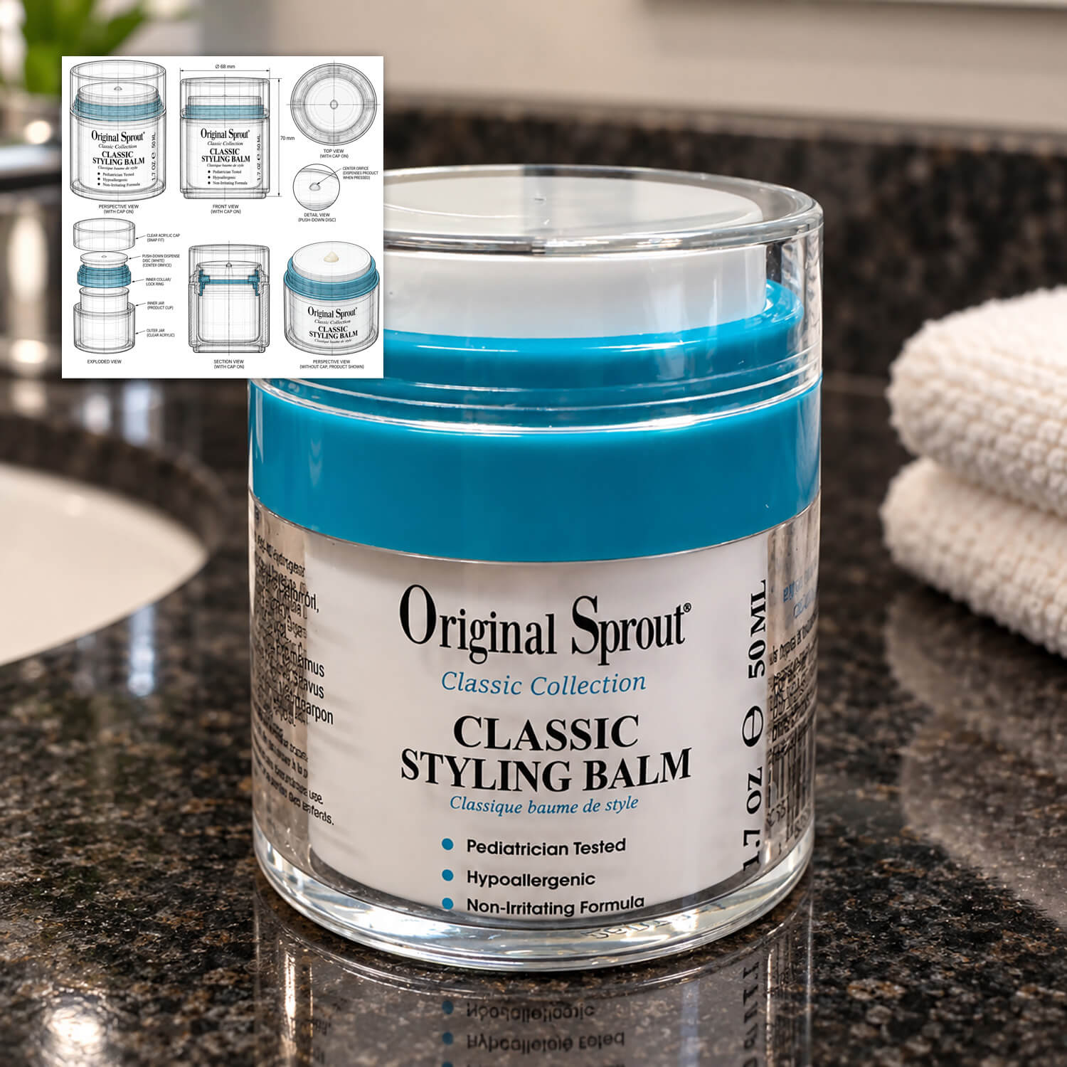A custom-molded Original Sprout styling balm jar shown with its mold design drawings