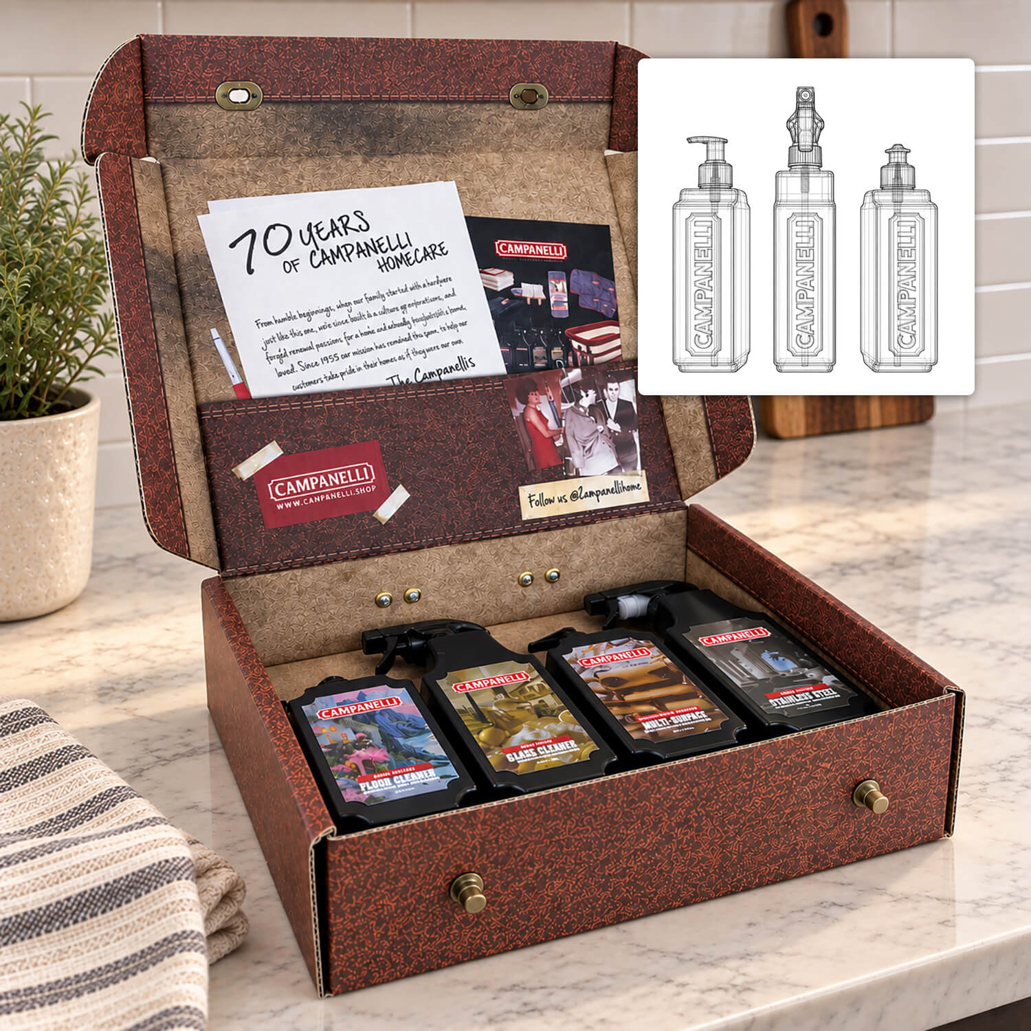 A Campanelli Homecare branded packaging set shown with its bottle design drawings