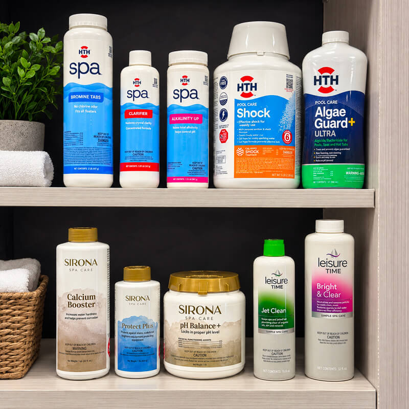 Retail shelf of pool and spa products in ILLING-decorated packaging